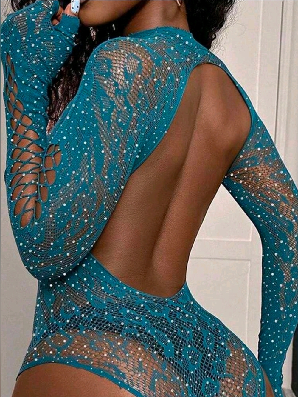 NWT Teal Rhinestone Fishnet Long-Sleeve Bodysuit OSFM